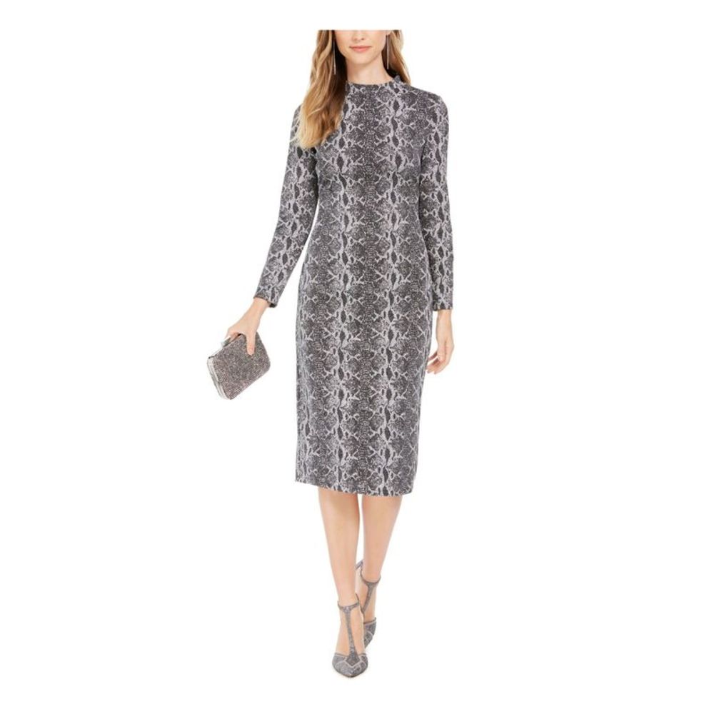 INC DRESS Womens Gray Stretch Glitter Mock Neck Midi Party Sheath Dress 6